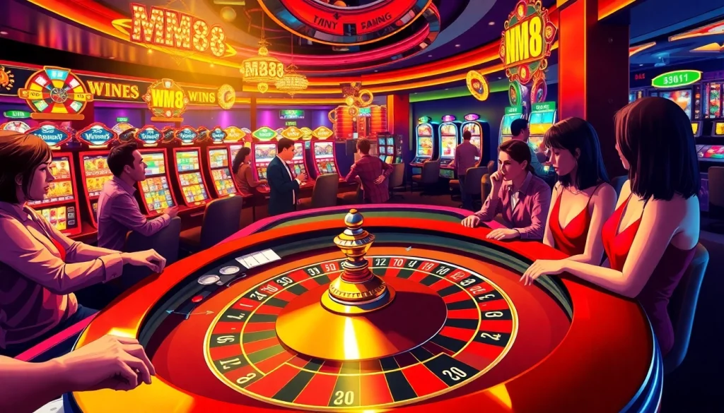 MM88 casino scene with players at a roulette table, celebrating wins.