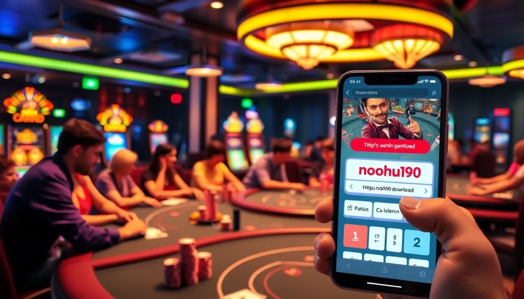 A vibrant casino scene featuring players at poker tables and colorful slot machines, highlighting the excitement of https://nohu90.download/ online gambling.