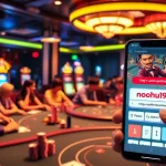 A vibrant casino scene featuring players at poker tables and colorful slot machines, highlighting the excitement of https://nohu90.download/ online gambling.
