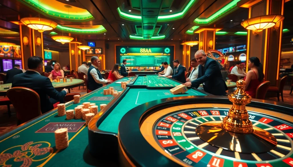 Experience the thrill of gambling at 88AA with exciting casino tables and vibrant players.
