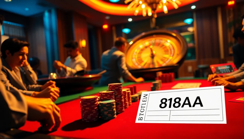 Exciting casino scene showcasing the thrill of gambling at a poker table, featuring 88AA betting slip and vibrant atmosphere.