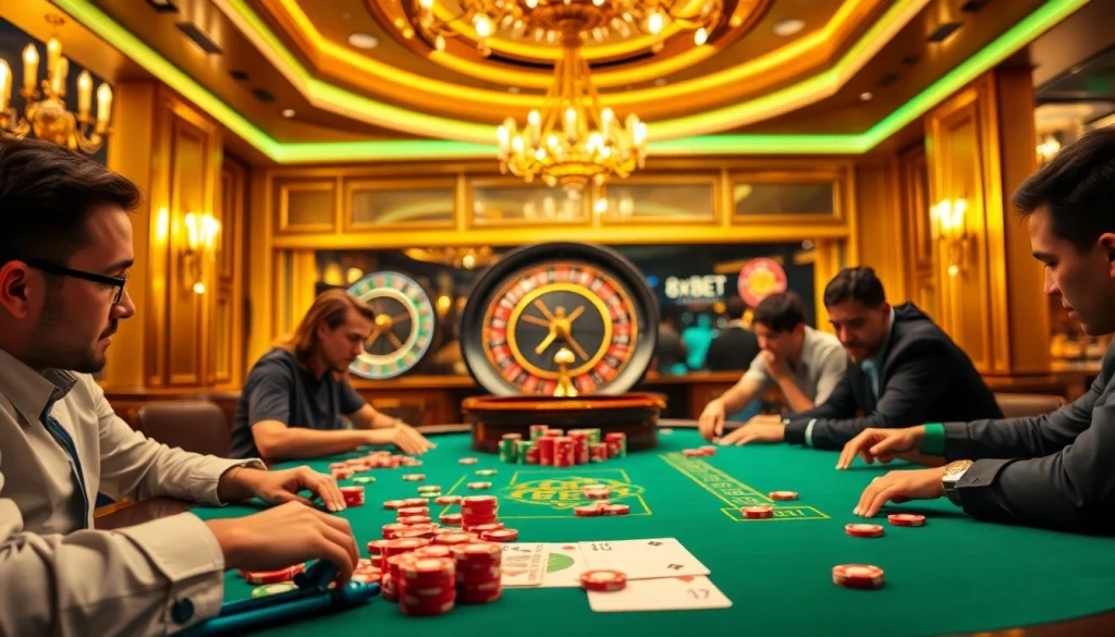 Players engage in a thrilling poker game at 8XBET's luxurious casino, filled with vibrant chips and a roulette wheel.