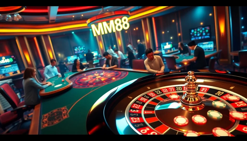 Experience the excitement at MM88's lavish casino with players enjoying blackjack and roulette, surrounded by vibrant poker chips and cards.