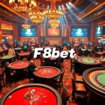 Experience the thrill of F8bet with players at casino tables, surrounded by vibrant gaming atmosphere.