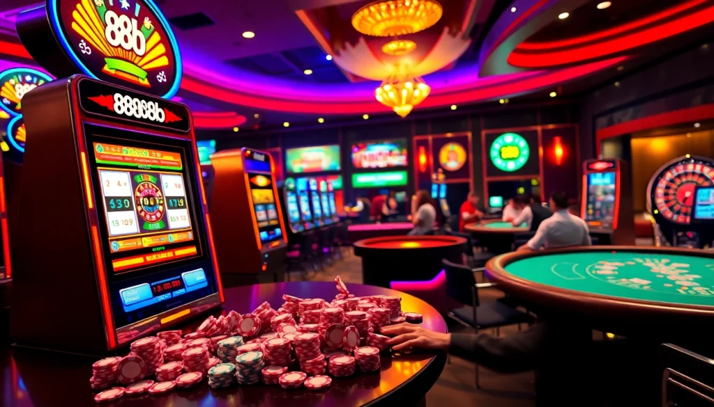 Excited player winning at 888b slot machine in a lively casino.