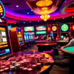 Excited player winning at 888b slot machine in a lively casino.