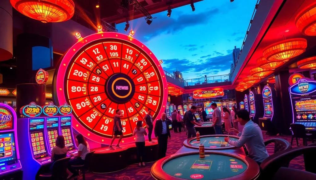 Players excitedly await the results of the NEW88 lottery at a buzzing casino, showcasing vibrant gambling energy.