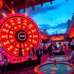Players excitedly await the results of the NEW88 lottery at a buzzing casino, showcasing vibrant gambling energy.