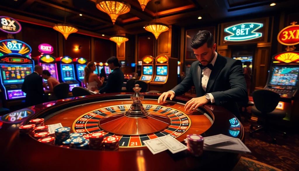 Experience thrilling gameplay at 8XBET casino, with a glamorous roulette table filled with vibrant chips and players.