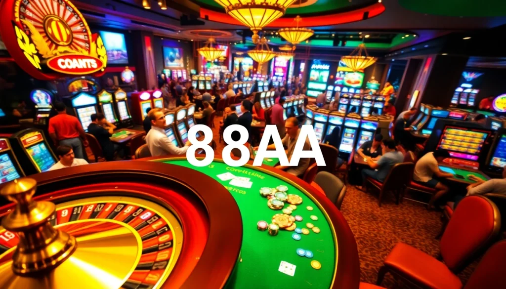 A vibrant casino scene showcasing the excitement of gambling with various games, featuring the brand 88AA.