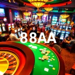 A vibrant casino scene showcasing the excitement of gambling with various games, featuring the brand 88AA.