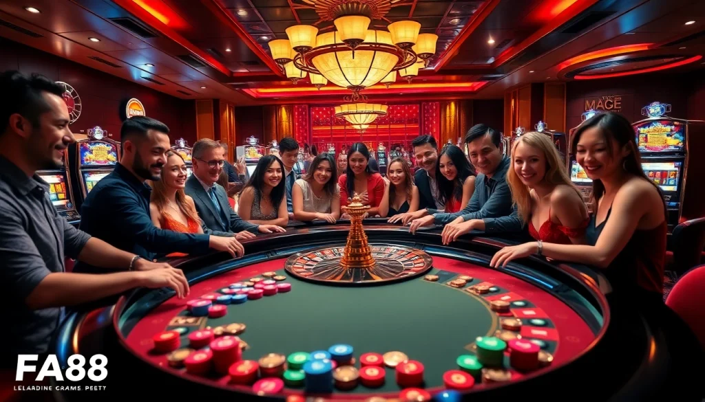 Players celebrating around a luxurious roulette table at FA88 casino.