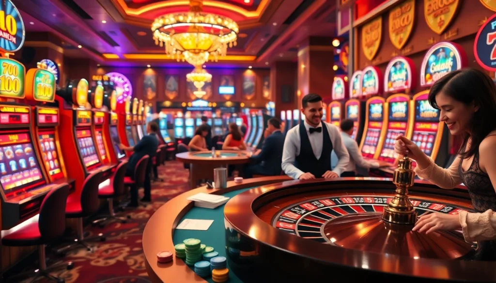 8XBET casino floor featuring excited players at slot machines and roulette tables.