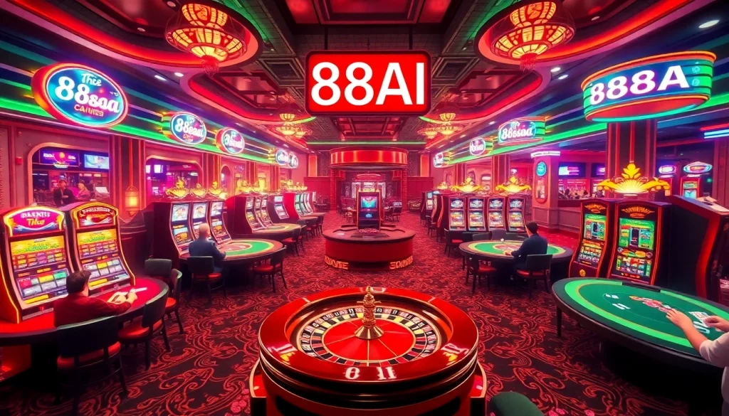 Exciting scene of casino players enjoying 88AA poker in a glamorous environment, with colorful chips and cards on the table.