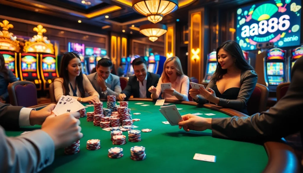 Thrilling action at a poker table in a luxurious casino featuring vibrant colors and the keyword aa888 integrated into the scene.