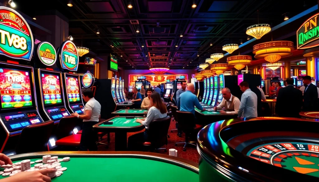 Exciting casino scene showcasing TV88 on slot machines while players enjoy poker and roulette.