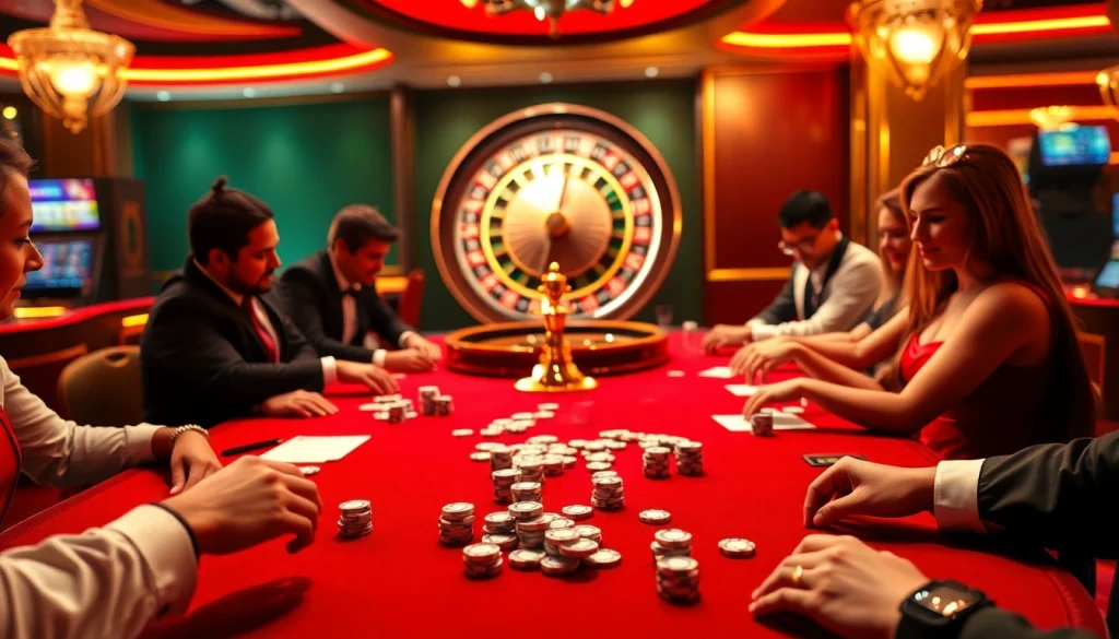 Players enjoy an exciting casino game at https://mm88.sa.com/, with vibrant poker chips and a spinning roulette wheel.