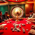 Players enjoy an exciting casino game at https://mm88.sa.com/, with vibrant poker chips and a spinning roulette wheel.
