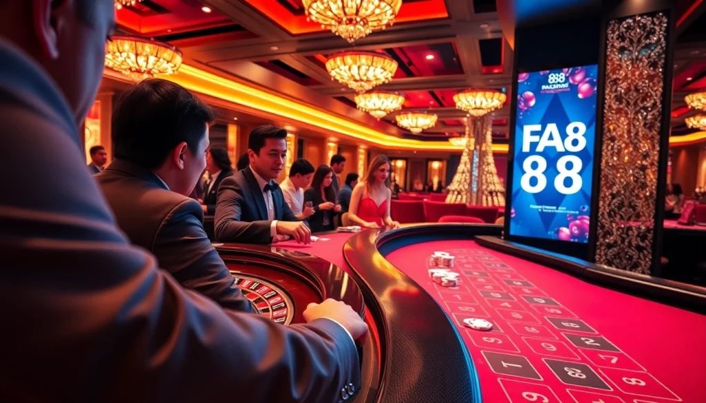 Experience the thrill of FA88 as players engage at a bustling roulette table in a luxurious casino.
