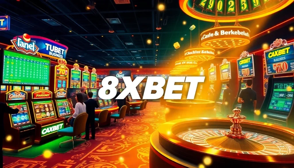 A thrilling online casino experience featuring 8XBET gaming elements, illuminated tables, and vibrant slot machines.