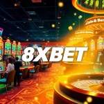 A thrilling online casino experience featuring 8XBET gaming elements, illuminated tables, and vibrant slot machines.