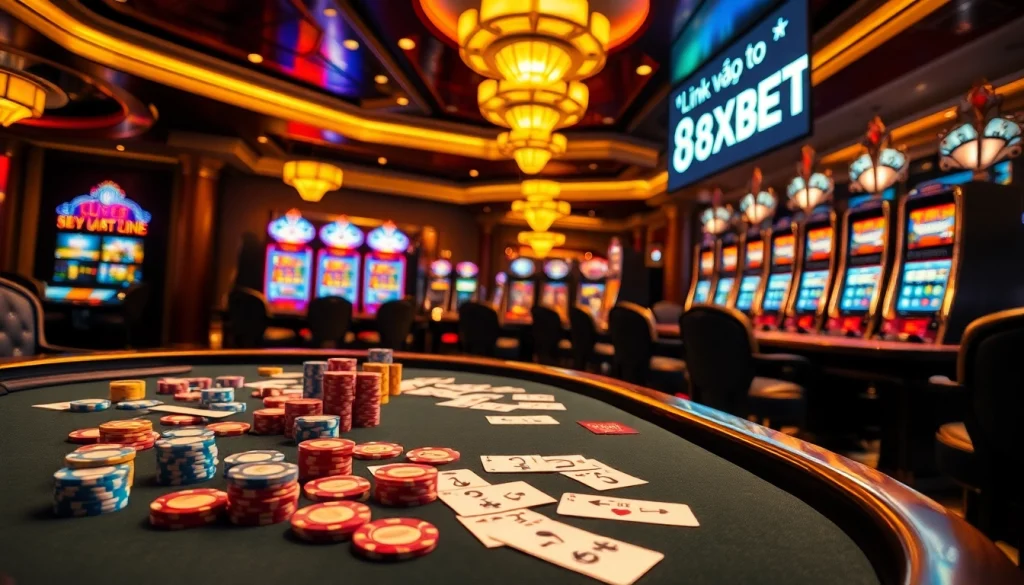 Experience the thrill of 'Link vào 8XBET' at a lively poker table in a glamorous casino.