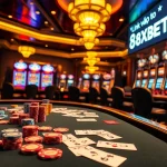 Experience the thrill of 'Link vào 8XBET' at a lively poker table in a glamorous casino.